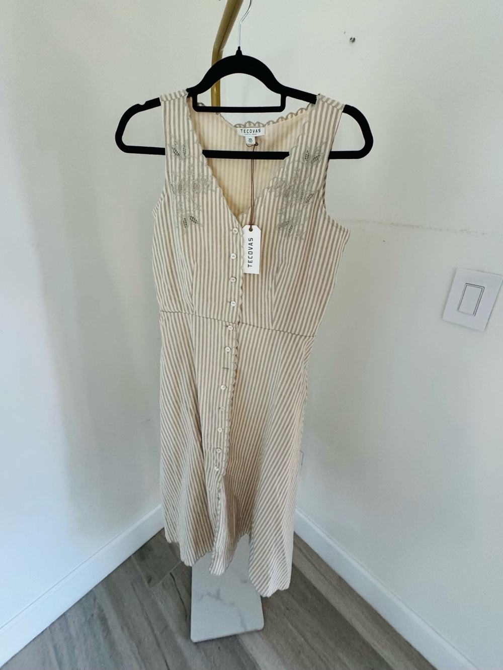 Tecovas Cream and White Striped Button-Front Midi Dress